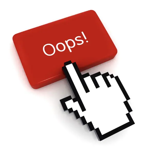 A pixelated cursor clicking a red button labeled "Oops!" indicating a mistake.