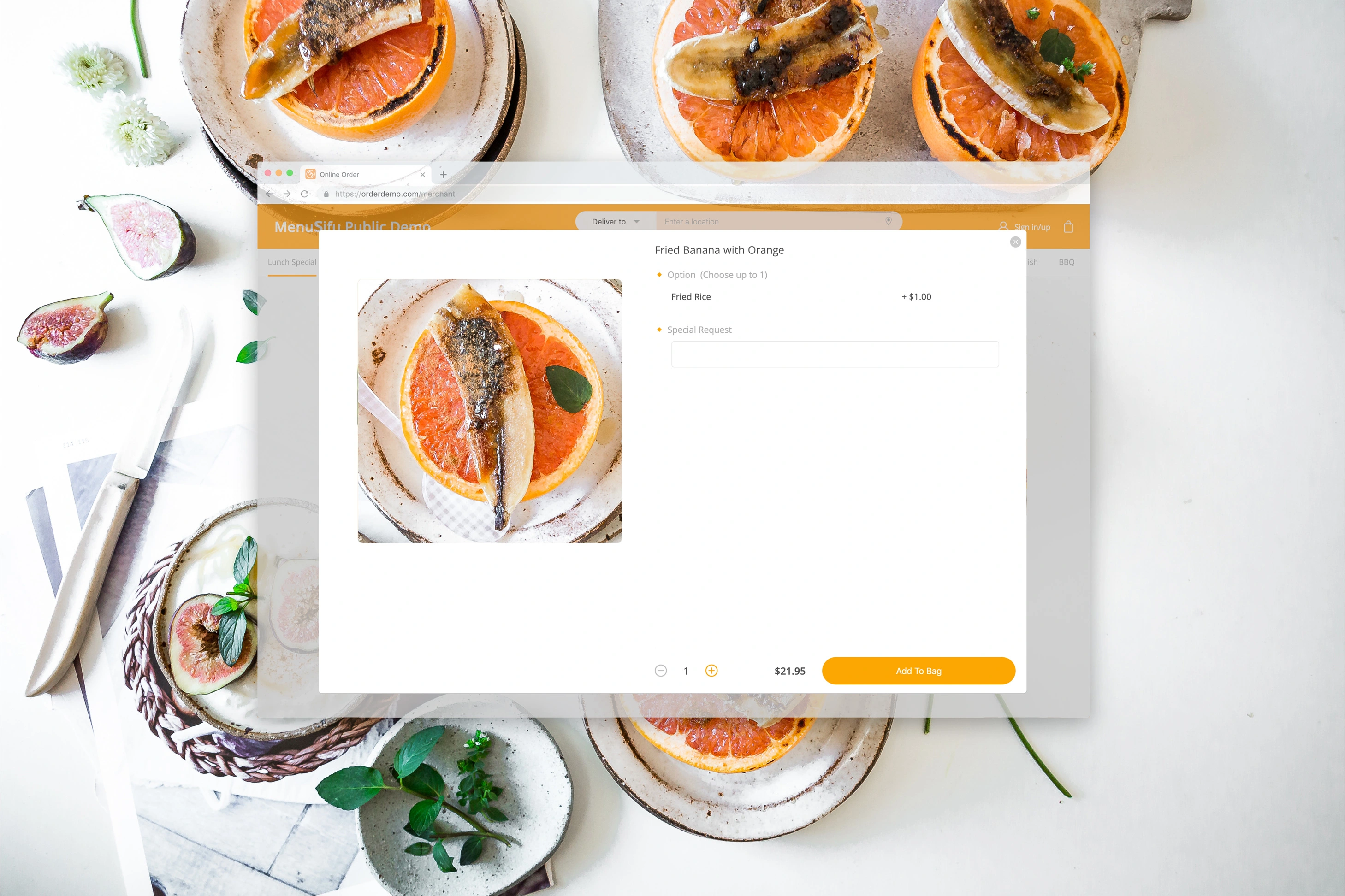 An online ordering platform showcasing a dish with options for customization and an intuitive user interface for easy navigation.