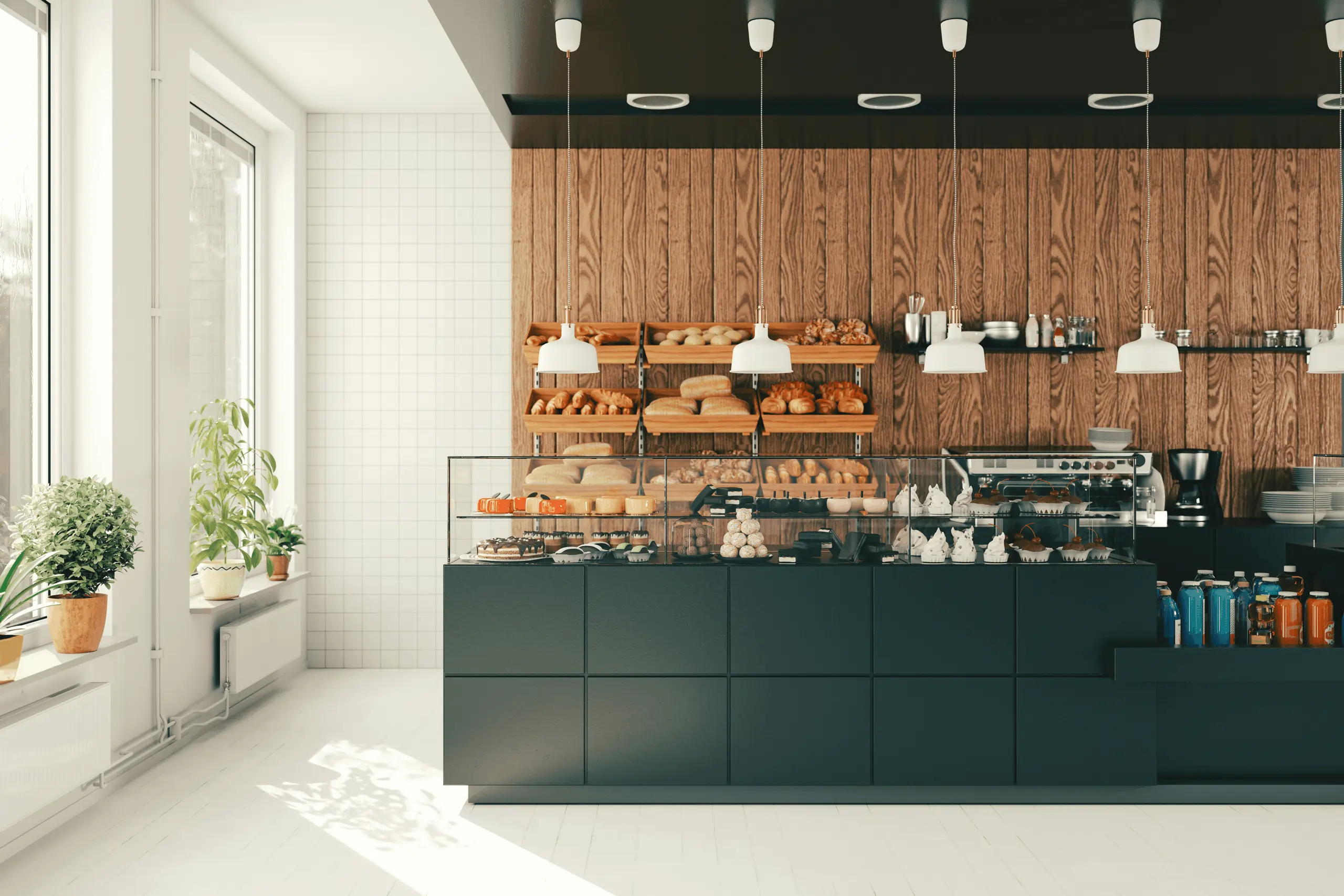 Bright bakery interior showcasing bread and desserts behind glass counter with bakery cafe pos system at the register.