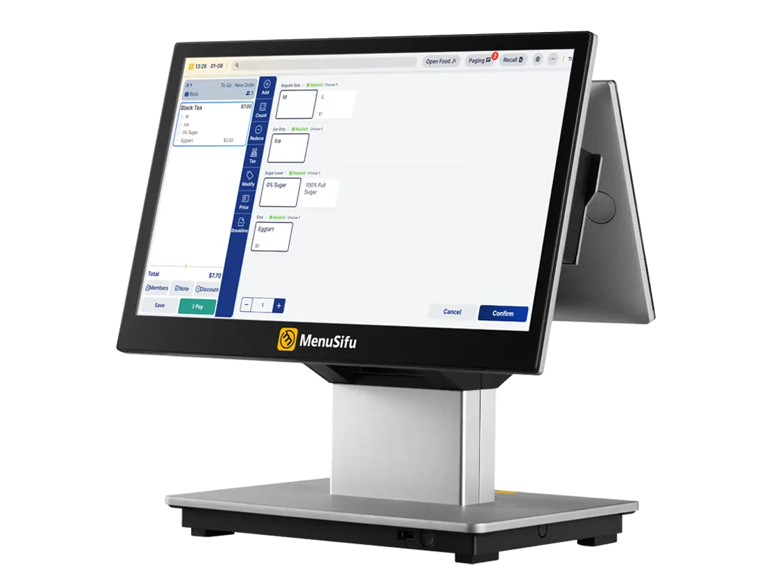 Menusifu POS MX terminal displays order input screen for a tea shop with customization options.