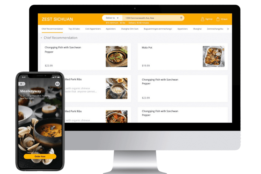 Visual representation of a food delivery app, highlighting online ordering from restaurants on both PC and mobile devices.
