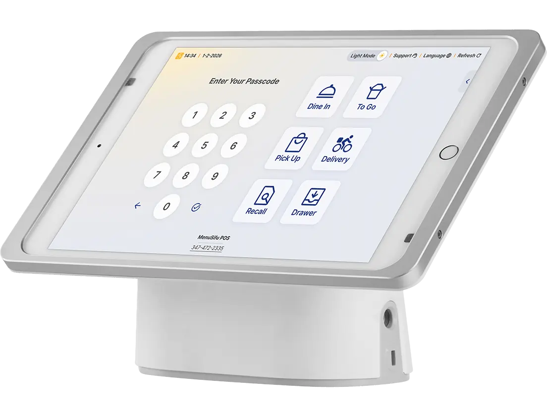 Menusifu iPad POS login screen with options for dine-in, to-go, pickup, delivery, recall, and drawer access.