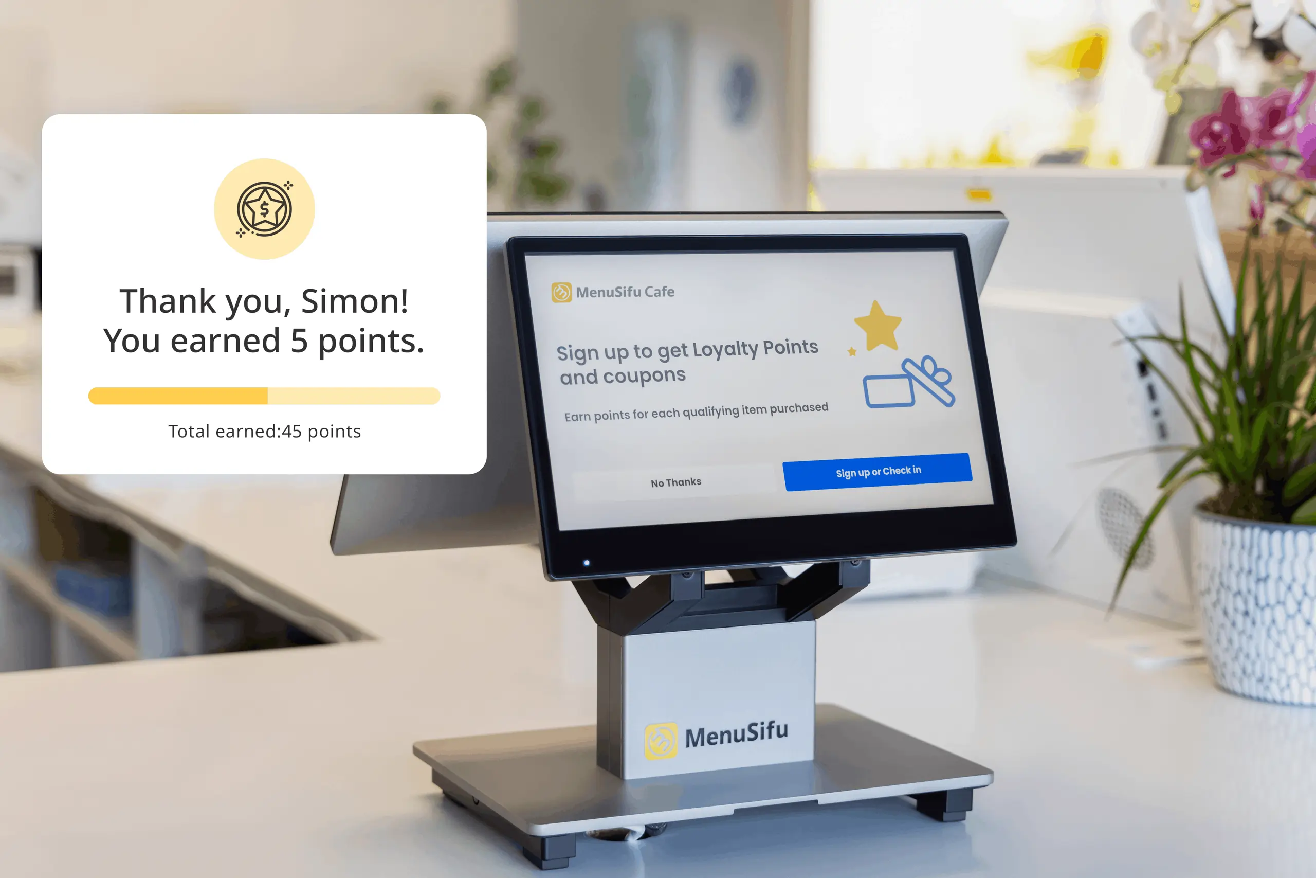 Menusifu screen shows points earned in restaurant loyalty programs after customer checks in at a restaurant counter.