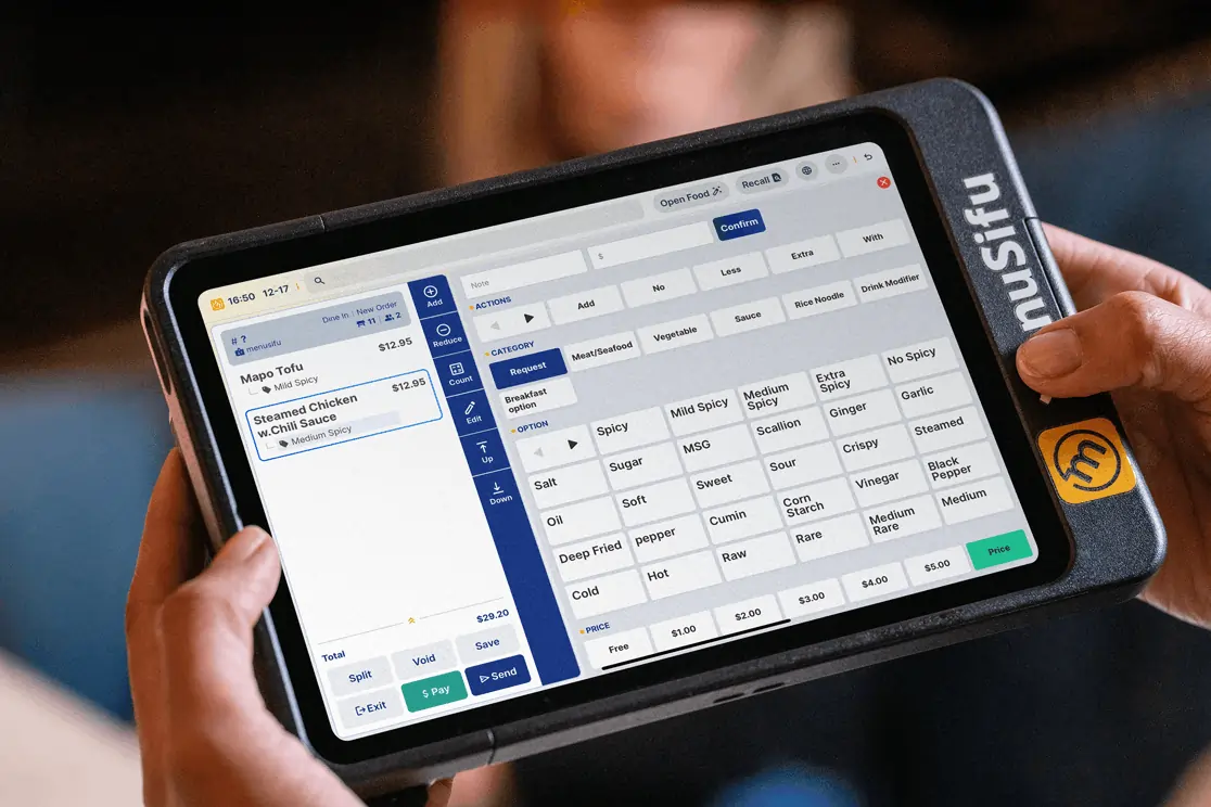 Server customizes spice level on Menusifu tablet POS for Mapo Tofu and Steamed Chicken orders at a Chinese restaurant.