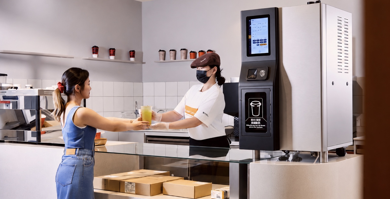 Staff serving a drink beside an Oloso automatic tea machine in a bubble tea shop