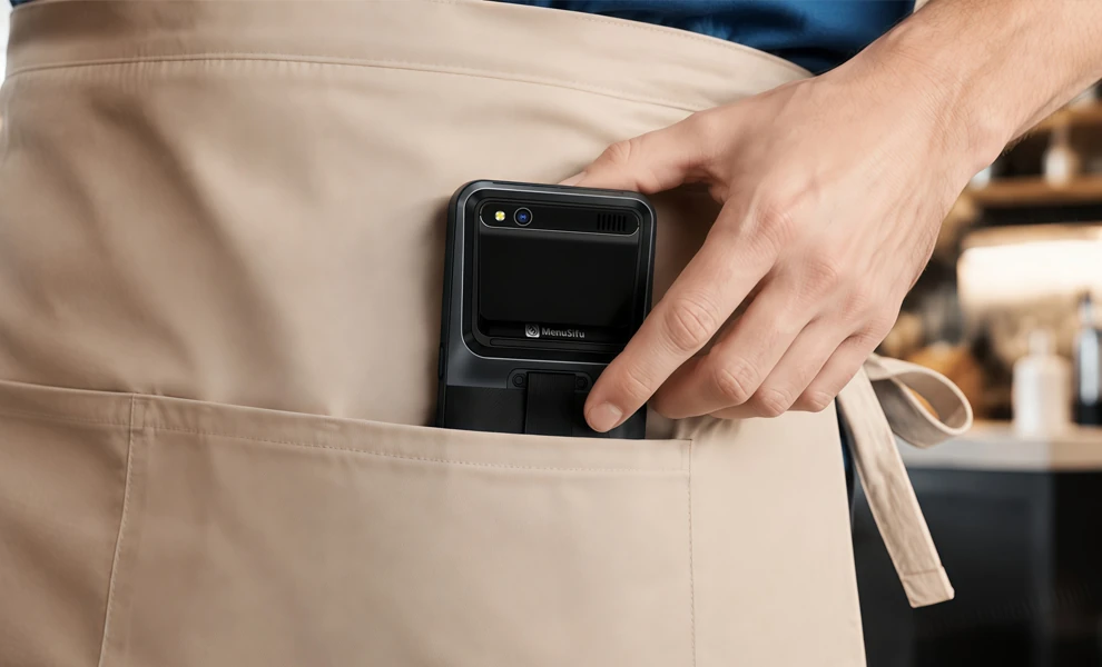 Pocket-sized POS GO terminal slipped into a server's apron
