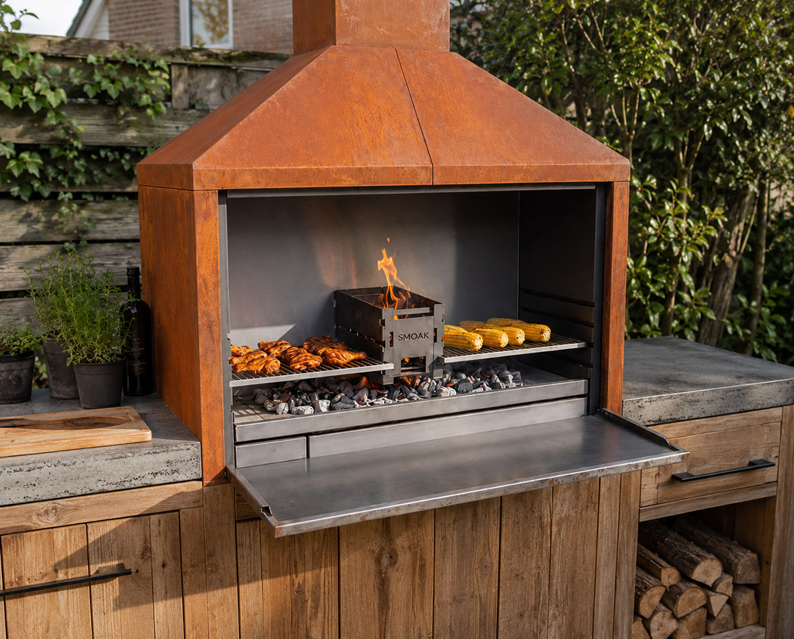 Braai van cortenstaat met kip en mais