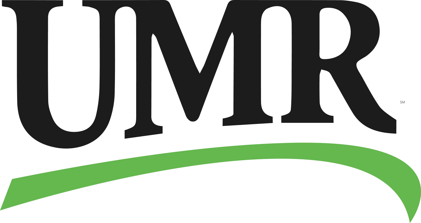 UMR insurance logo with dark lettering and a curved green line beneath the letters.