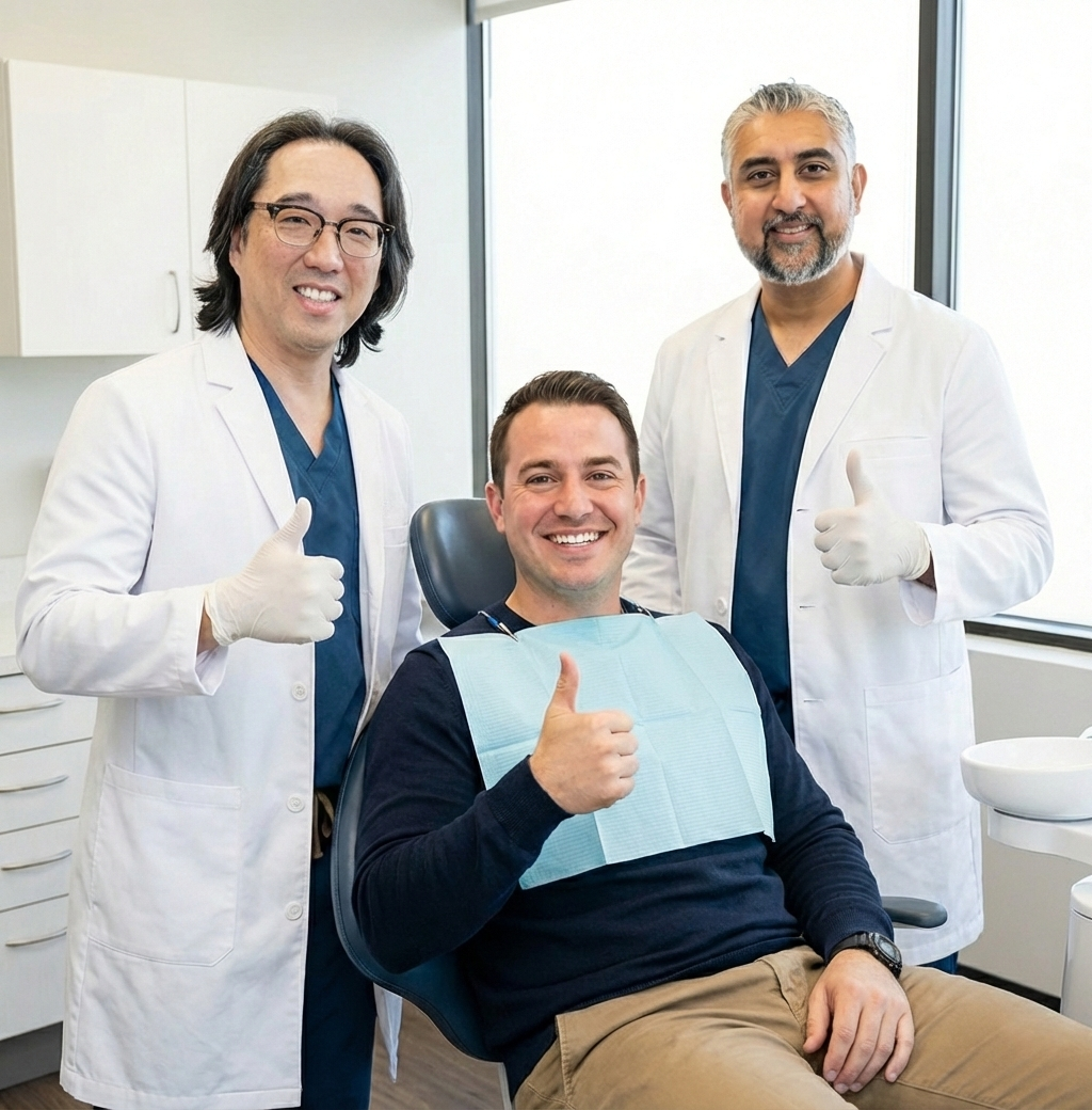 Two dentists in white lab coats standing beside a smiling patient seated in a dental chair, all giving a thumbs-up gesture in a bright, modern dental office.