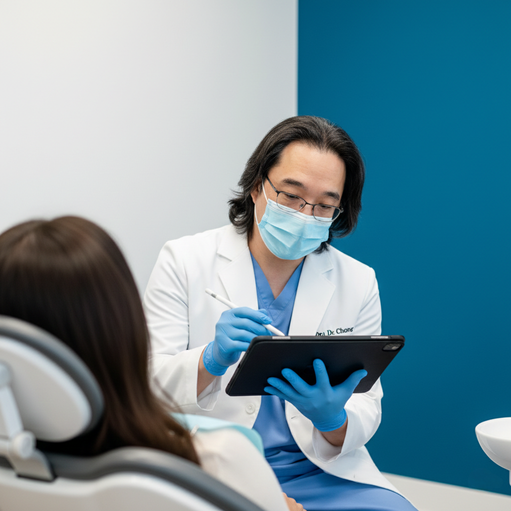 Dental professional wearing gloves and mask reviewing patient information on a tablet during an appointment.