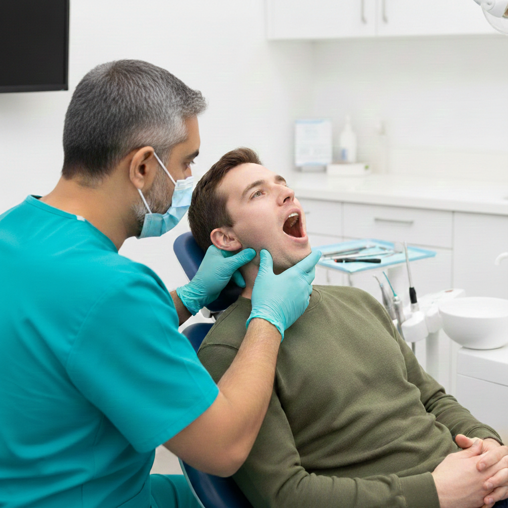 Dentist examining a patient’s jaw and neck while the patient sits in a dental chair with mouth open