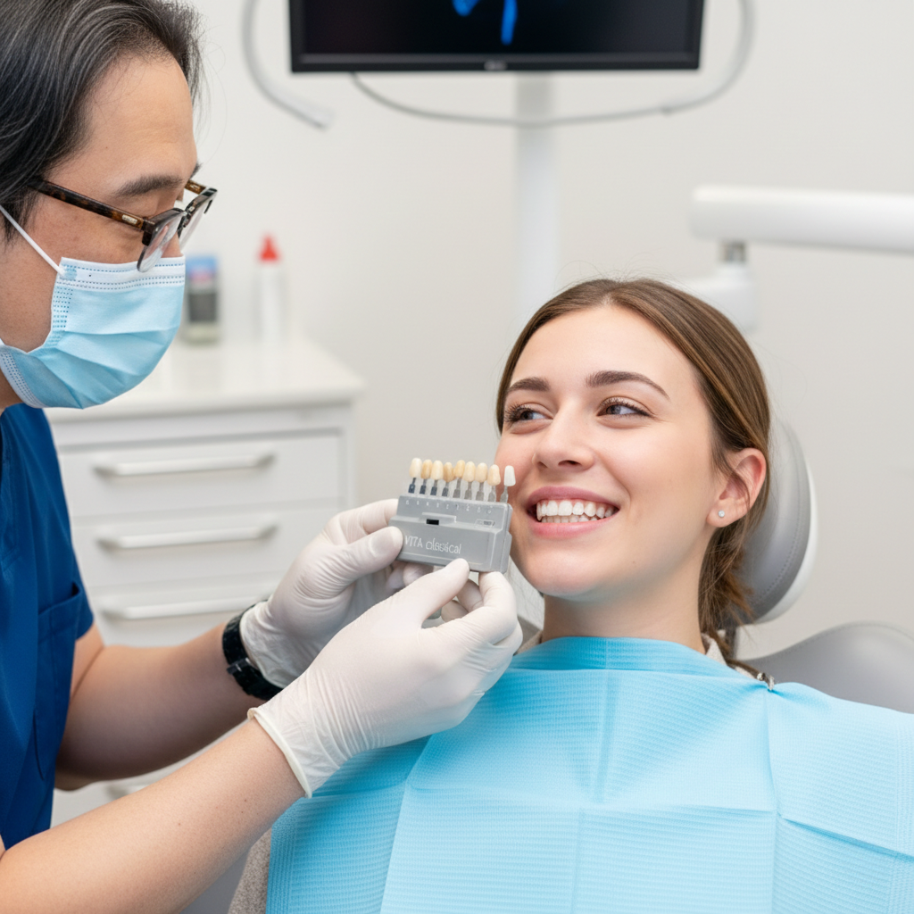 Dentist using a tooth shade guide to match restoration color while patient smiles in a dental chair.