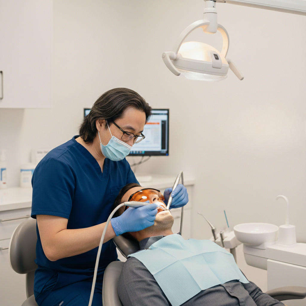 Dentist performing a dental procedure using an overhead exam light and handheld instruments