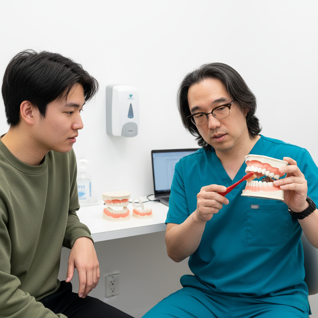 Dentist explaining brushing techniques using a dental model during an oral hygiene consultation