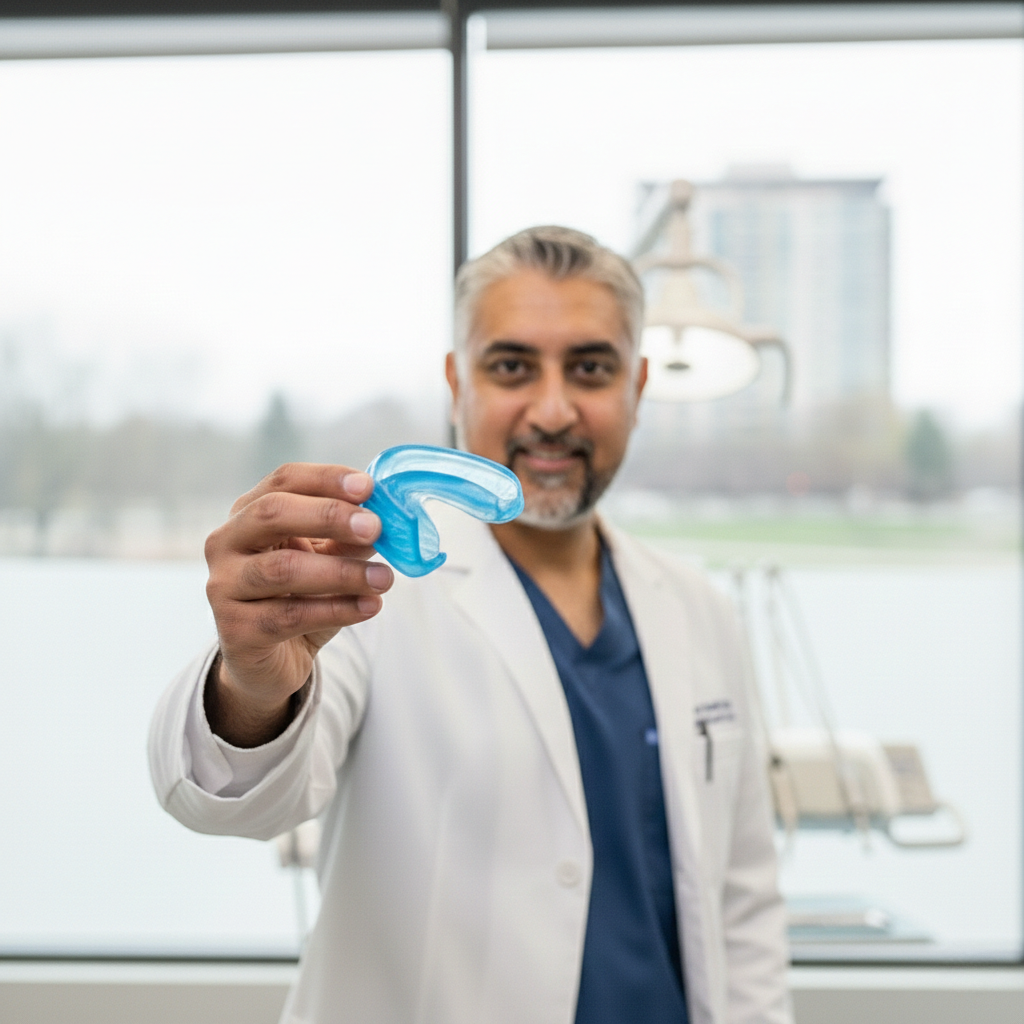Dentist holding a mouthguard and showing it to the patient inside a modern dental office.