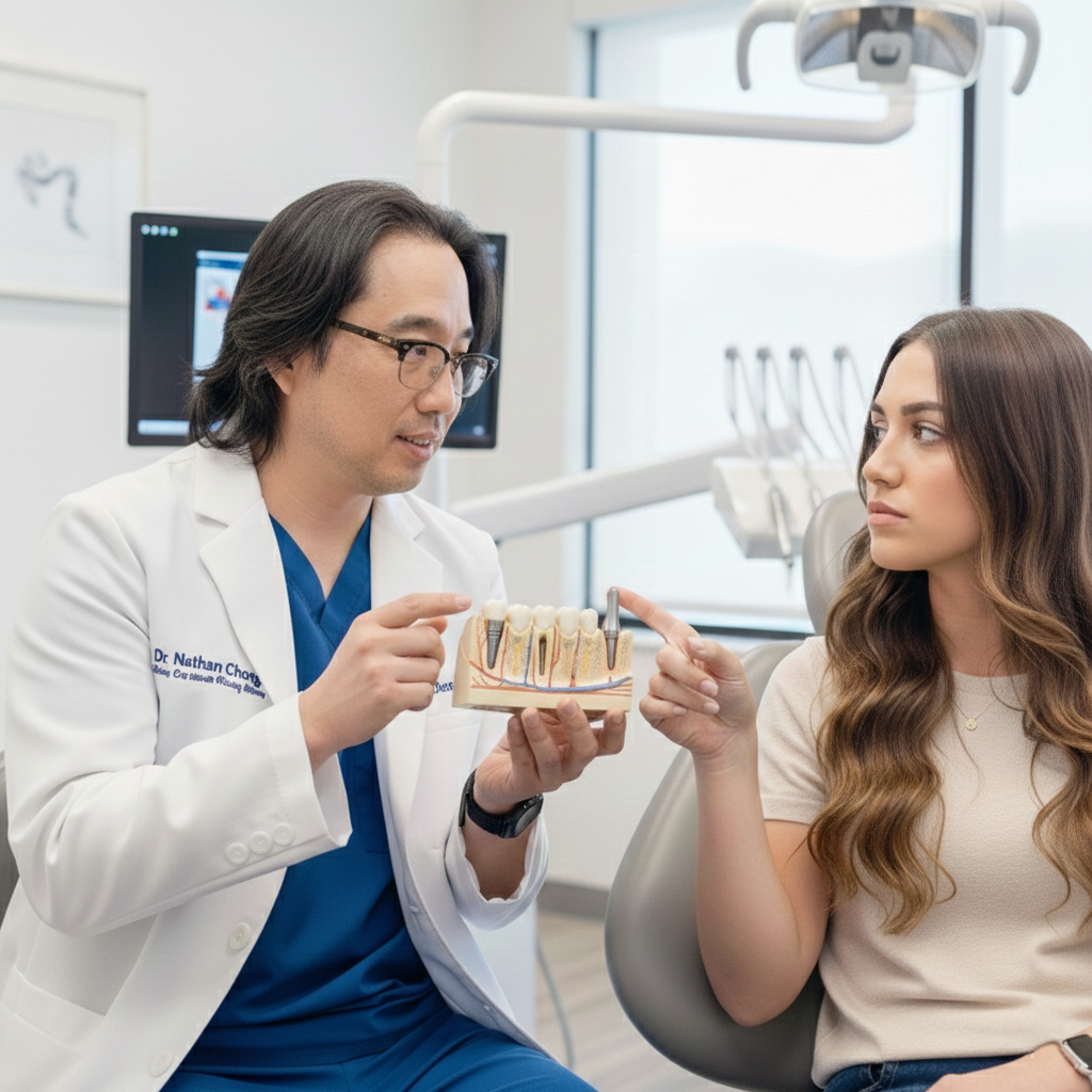 Dentist explaining tooth anatomy using a detailed dental model while a patient listens