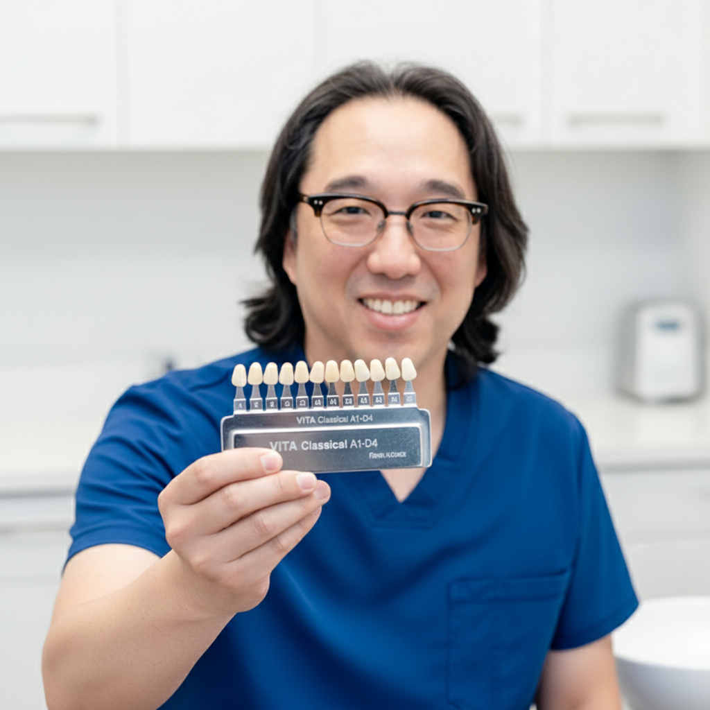 Dentist holding a dental shade guide toward the camera to demonstrate tooth color matching.