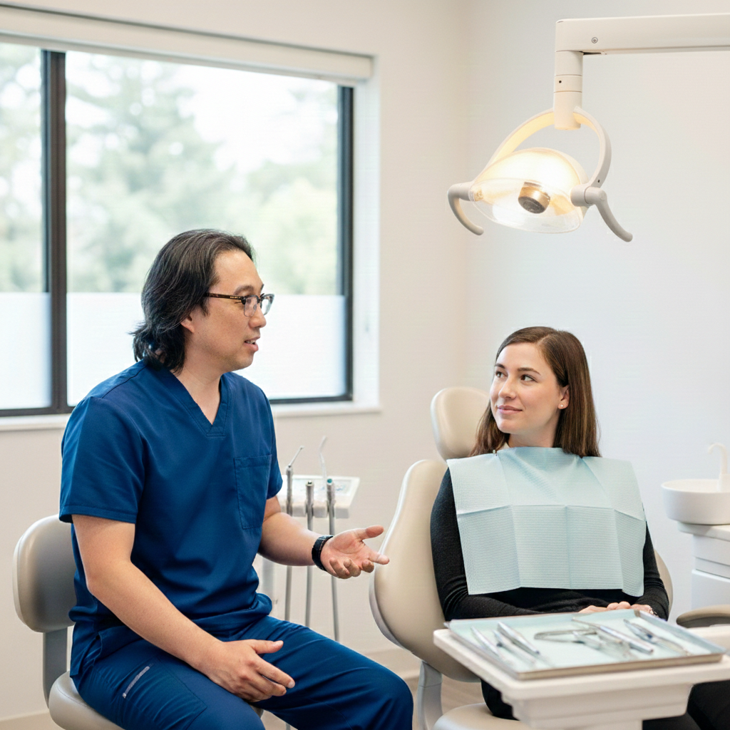 Dentist in blue scrubs explaining a treatment plan to a seated patient in a dental chair