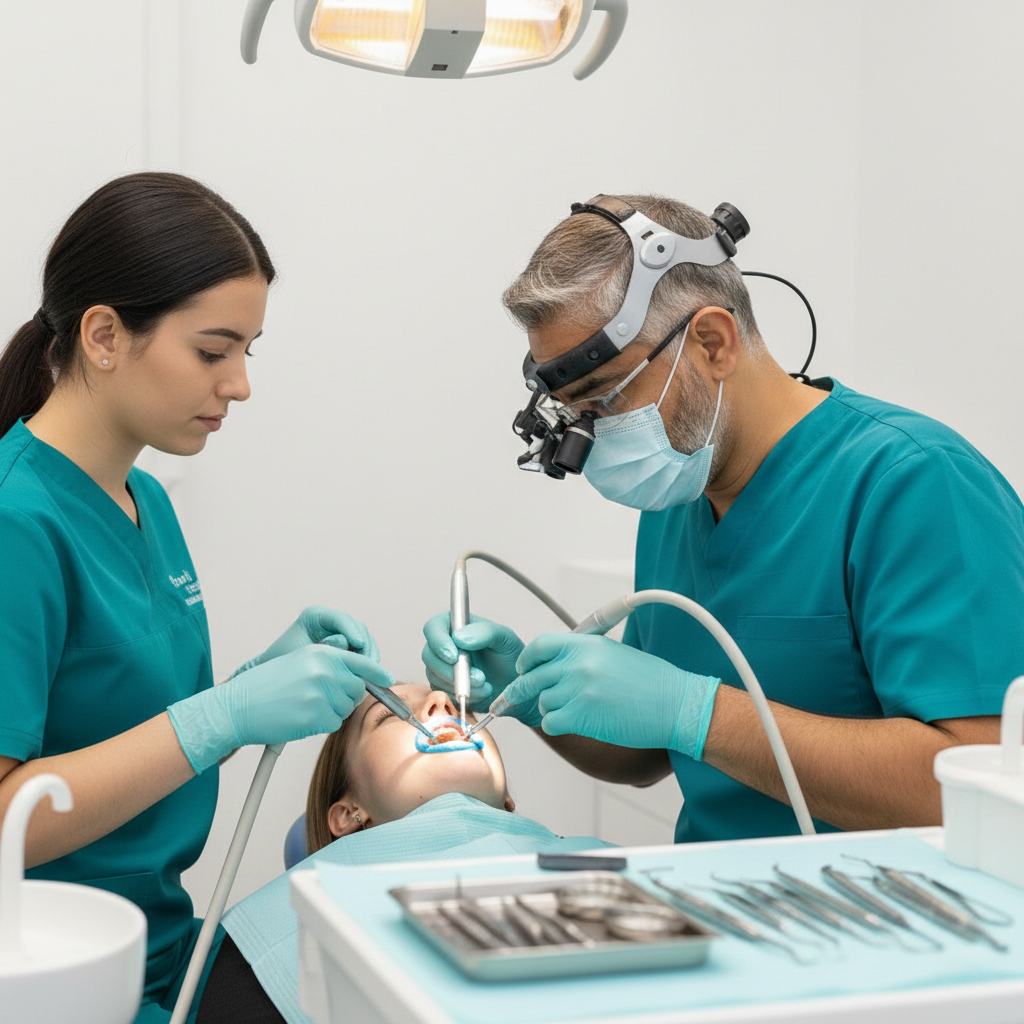 Dentist and dental assistant performing a procedure using dental tools and suction