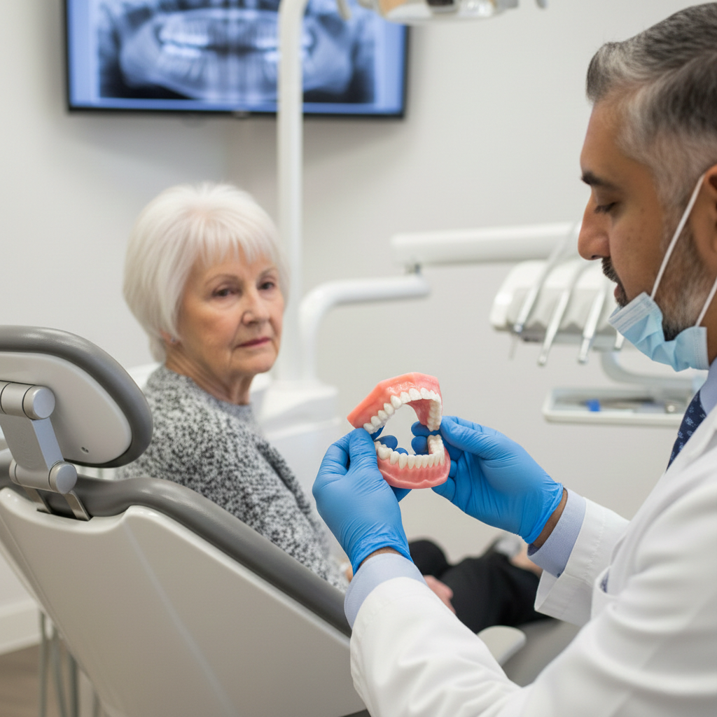 Dentist holding a denture model while explaining oral health care to an elderly patient