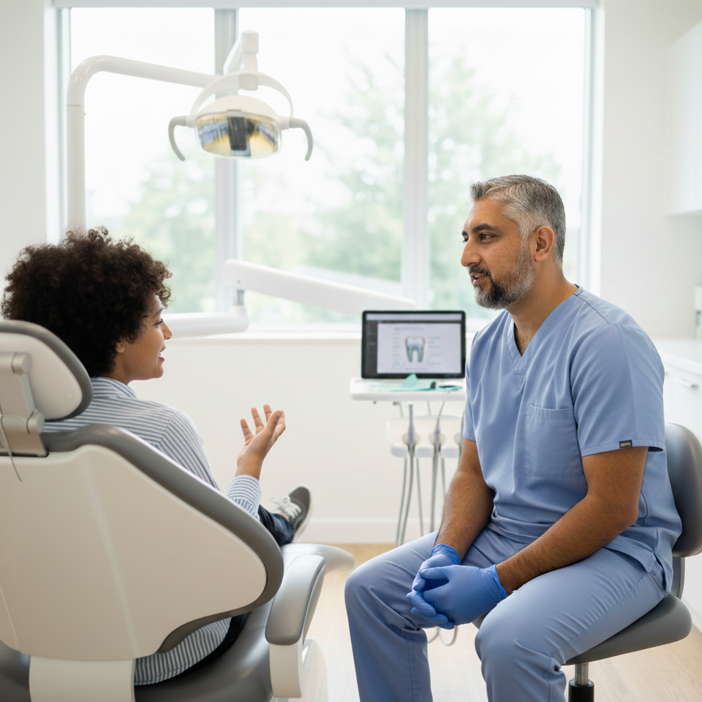 Dentist having a calm consultation with a patient seated in a dental chair