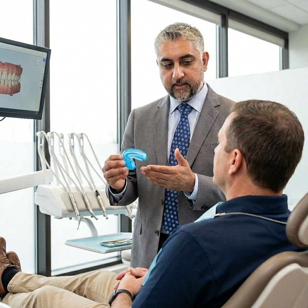 Dentist explaining how a mouthguard works to a seated patient during an in office consultation.