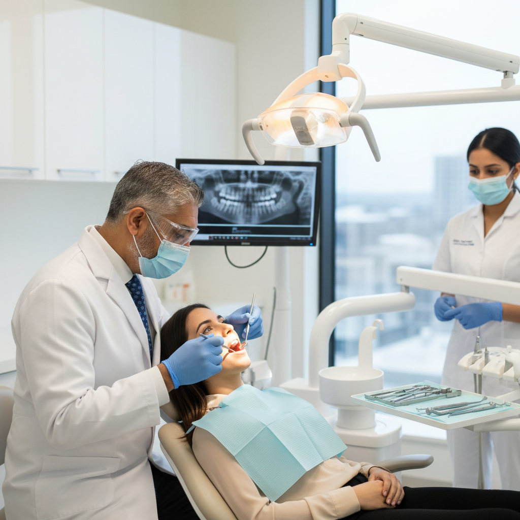 Dentist performing a dental exam while an assistant prepares instruments nearby
