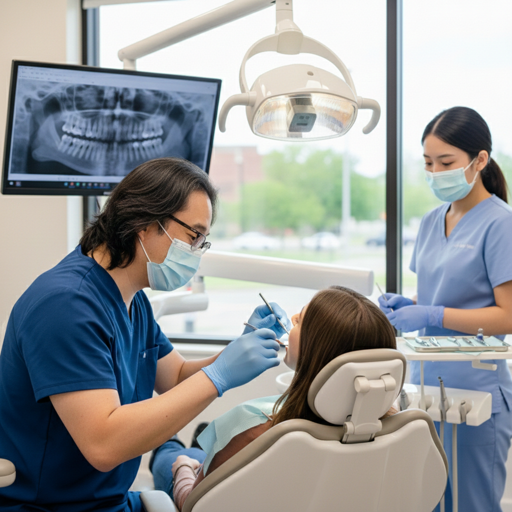 Dentist performing a dental procedure on a patient while a dental assistant prepares instruments beside the chair.