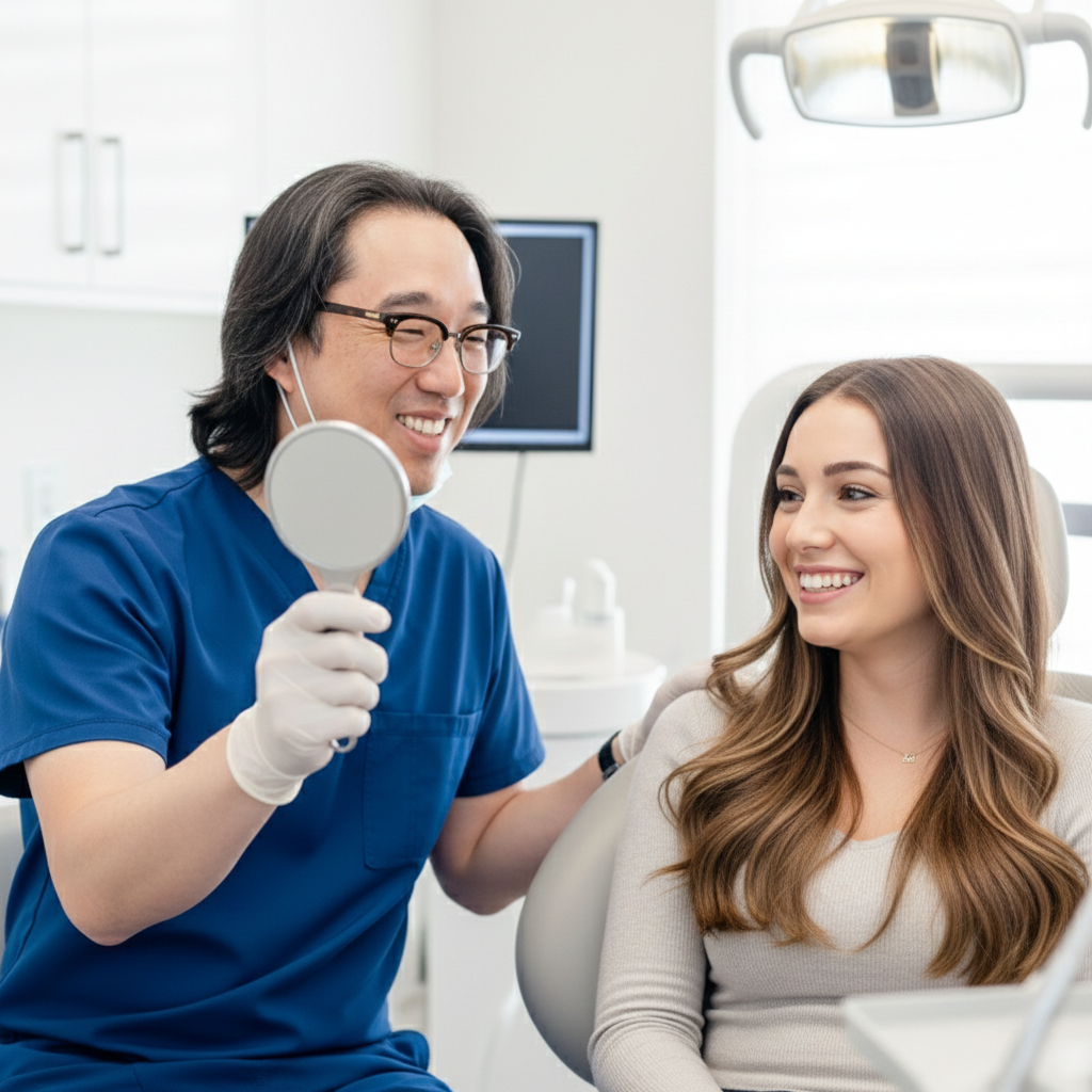 Dentist holding a handheld mirror while a patient smiles and looks at her teeth after a dental visit.