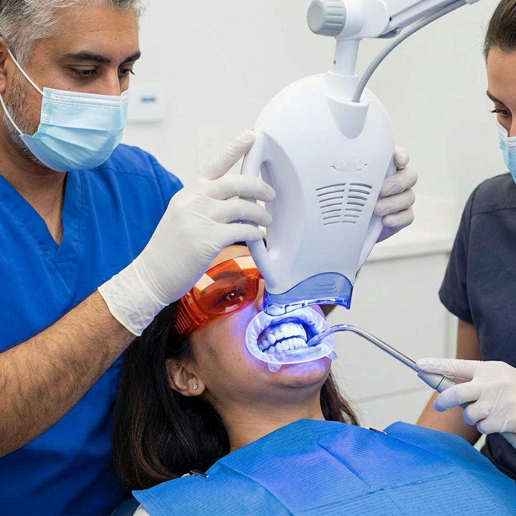 Dental team performing a whitening or restorative procedure using a curing light on a patient