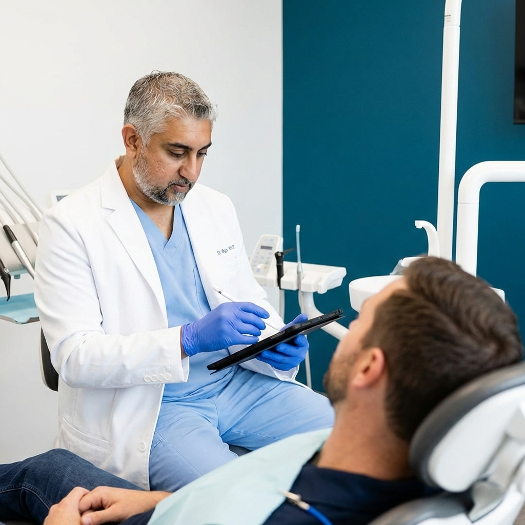 Dentist wearing a mask reviewing patient notes on a tablet while speaking with a patient in the chair.