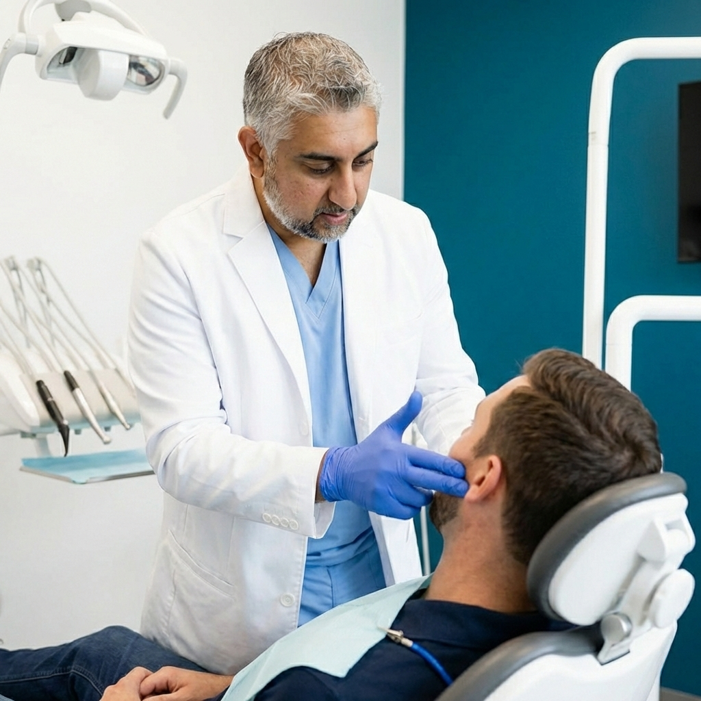 Dentist in a white coat gently examining a male patient’s jaw during a dental checkup in a modern dental office.