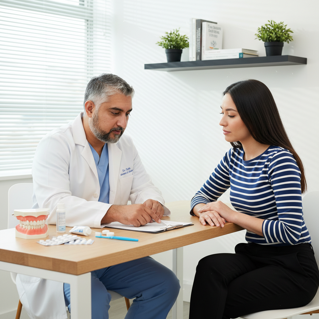 Dentist consulting with a patient at a desk, reviewing treatment plans and dental models