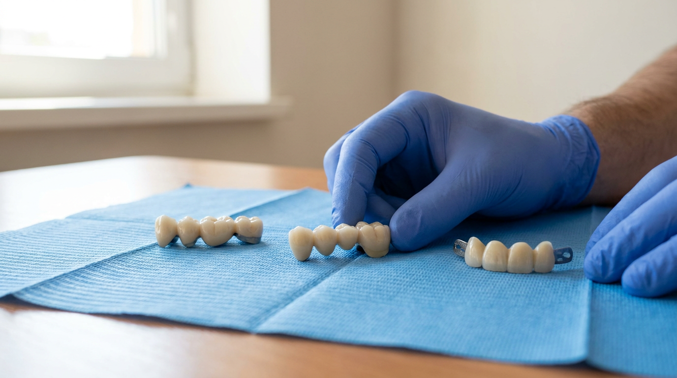 Close-up of three dental bridge models: traditional, cantilever, and Maryland bonded, on a blue surface.
