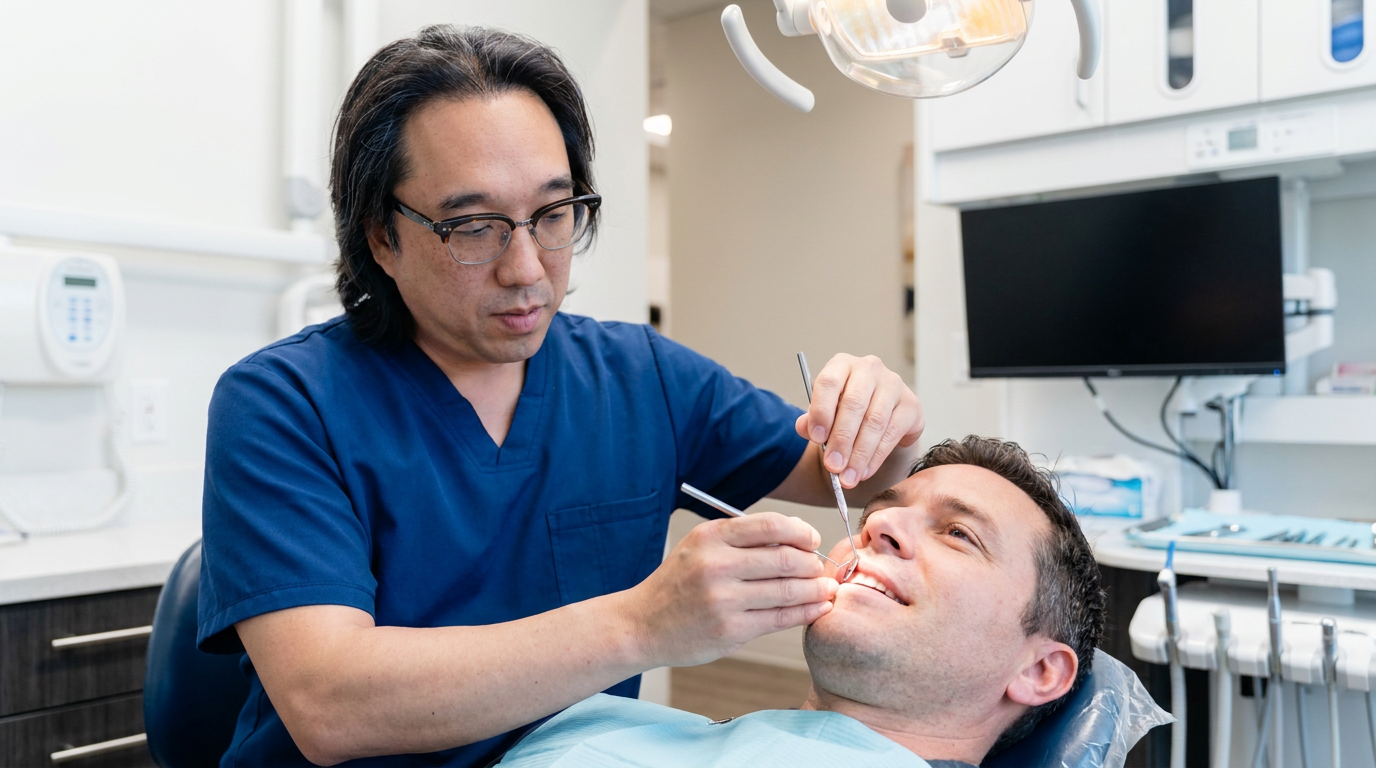 Dr. Chong examines Daniel's teeth and gums while Daniel sits in a dental chair.