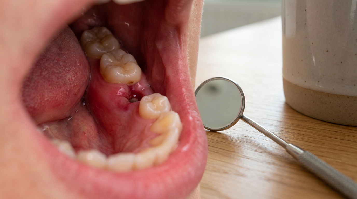 Close-up of a gap from a missing molar, with adjacent teeth tilted and inflamed gums.