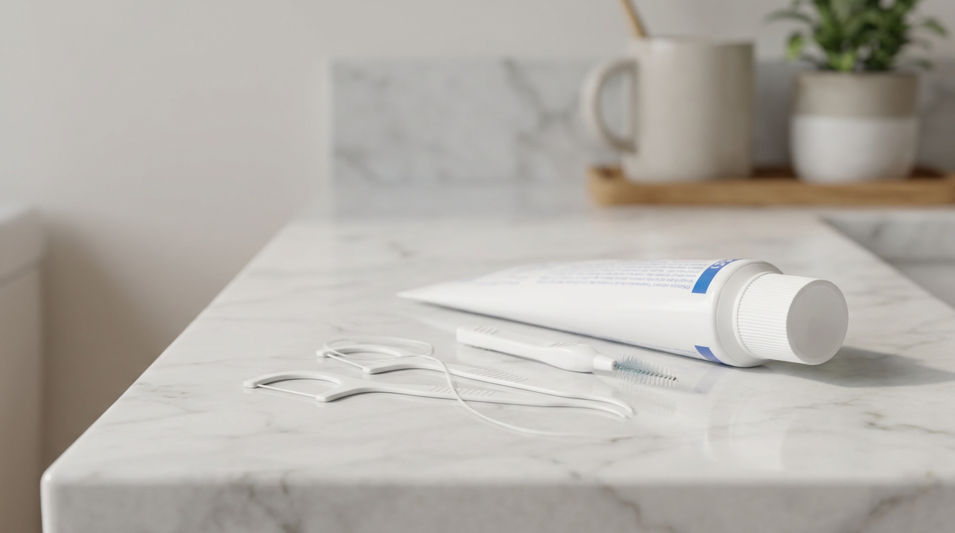 Dental floss threaders, an interdental brush, and fluoride toothpaste on a white marble countertop.