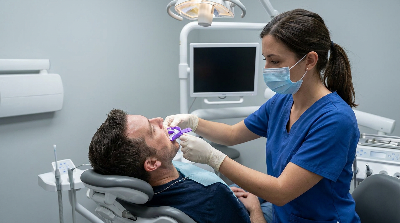 A dental assistant takes an impression of Daniel's teeth with a tray in a clinic setting.