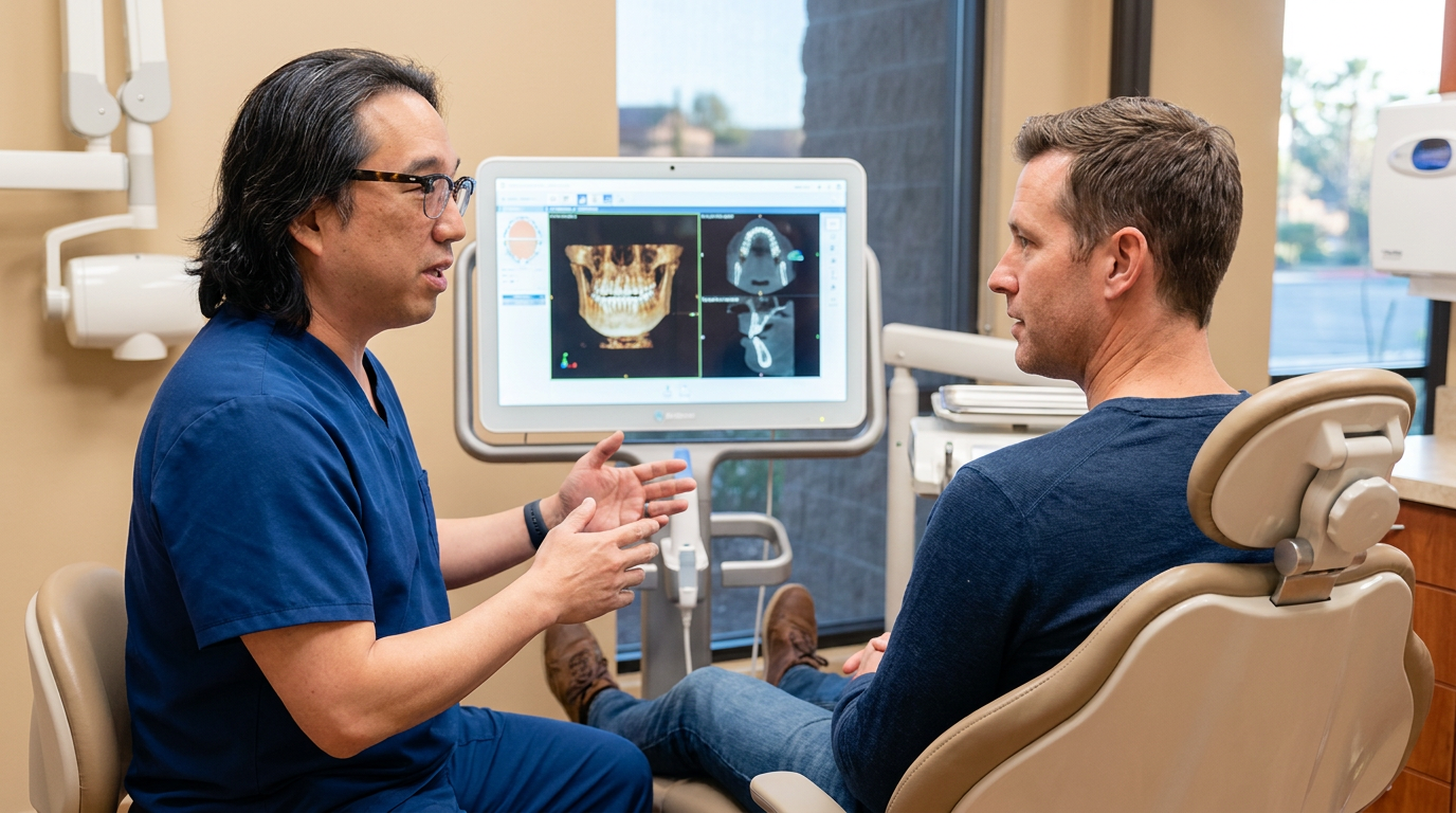 Daniel listens to Dr. Chong as he explains a dental scan on a large monitor in a modern clinic.