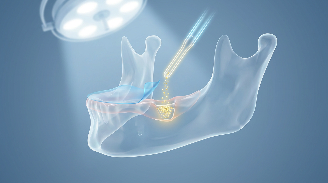 A conceptual illustration showing a transparent, stylized cross-section of a human jaw, with a small, precise incision in the gum tissue.