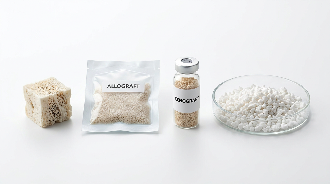 A clean, bright studio shot displaying four distinct samples of bone graft materials on a white backdrop: a small block of porous, organic-looking autograft bone; a sterile packet of allograft material; a small vial labeled "Xenograft"