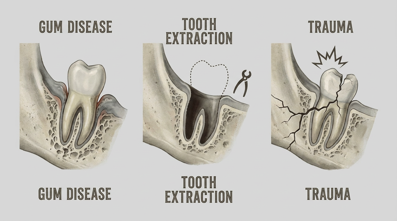 A detailed, slightly eerie diagram illustrating various causes of jawbone loss, including a molar with exposed roots due to gum disease, an empty socket from an extracted tooth, and a crack representing trauma.