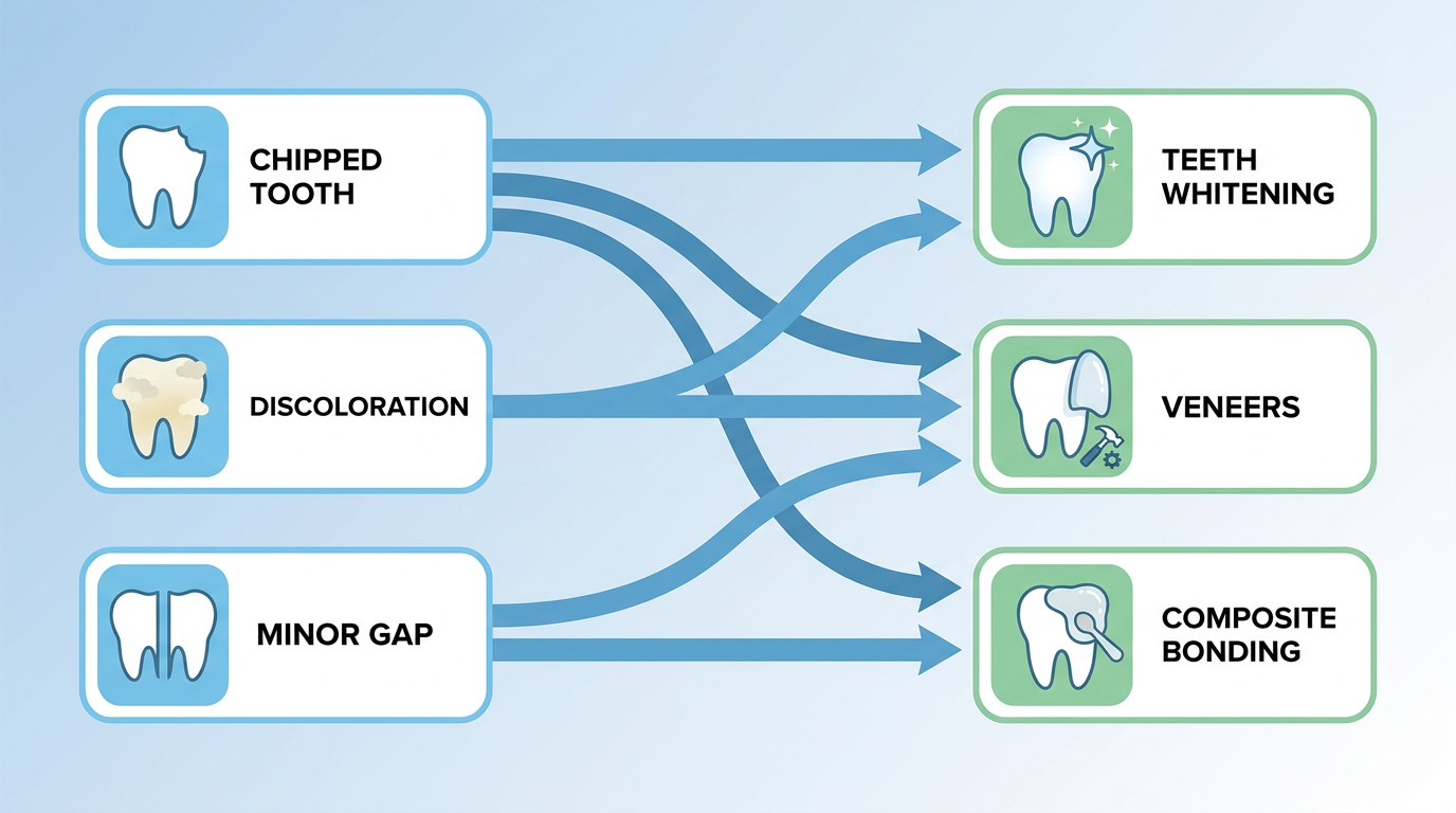 Minimal-text infographic-style visual: A simple flowchart showing arrows connecting "Chipped Tooth," "Discoloration," and "Minor Gap" to "Teeth Whitening," "Veneers," and "Composite Bonding."