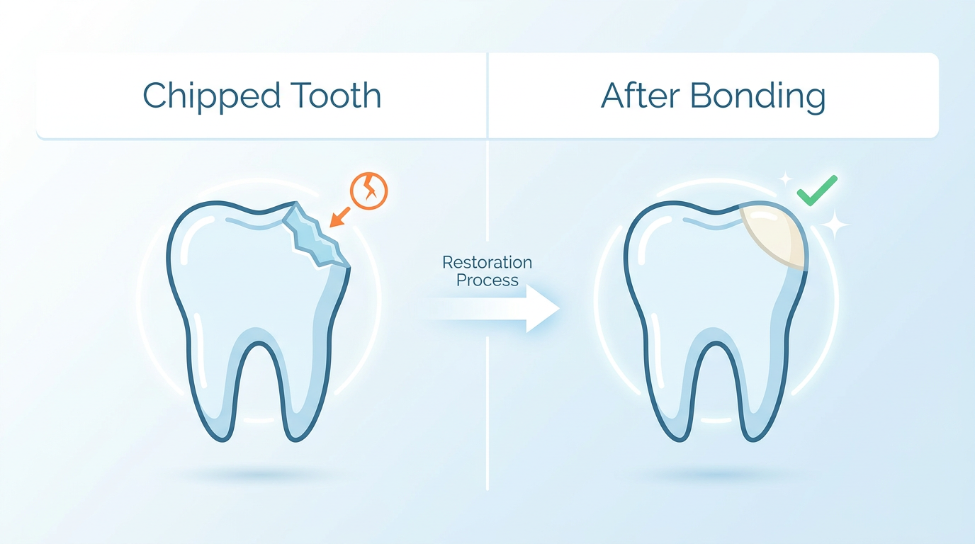 Minimal-text table-style comparison visual: Two side-by-side images of a single tooth, one labeled "Chipped Tooth" showing a small chip, the other labeled "After Bonding" showing a perfectly smooth tooth.
