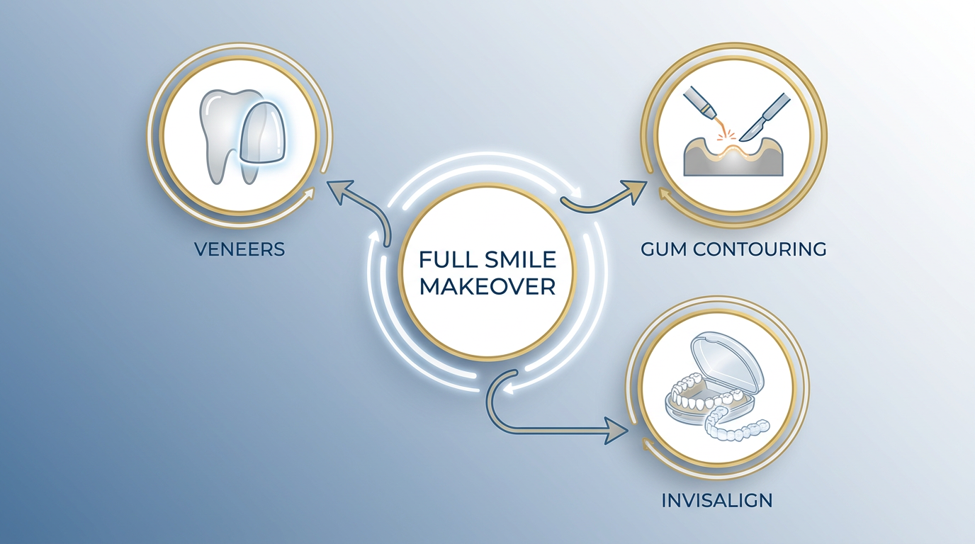 Minimal-text infographic-style visual: A circular diagram showing "Veneers," "Gum Contouring," and "Invisalign" as interconnected components of a "Full Smile Makeover" in the center.