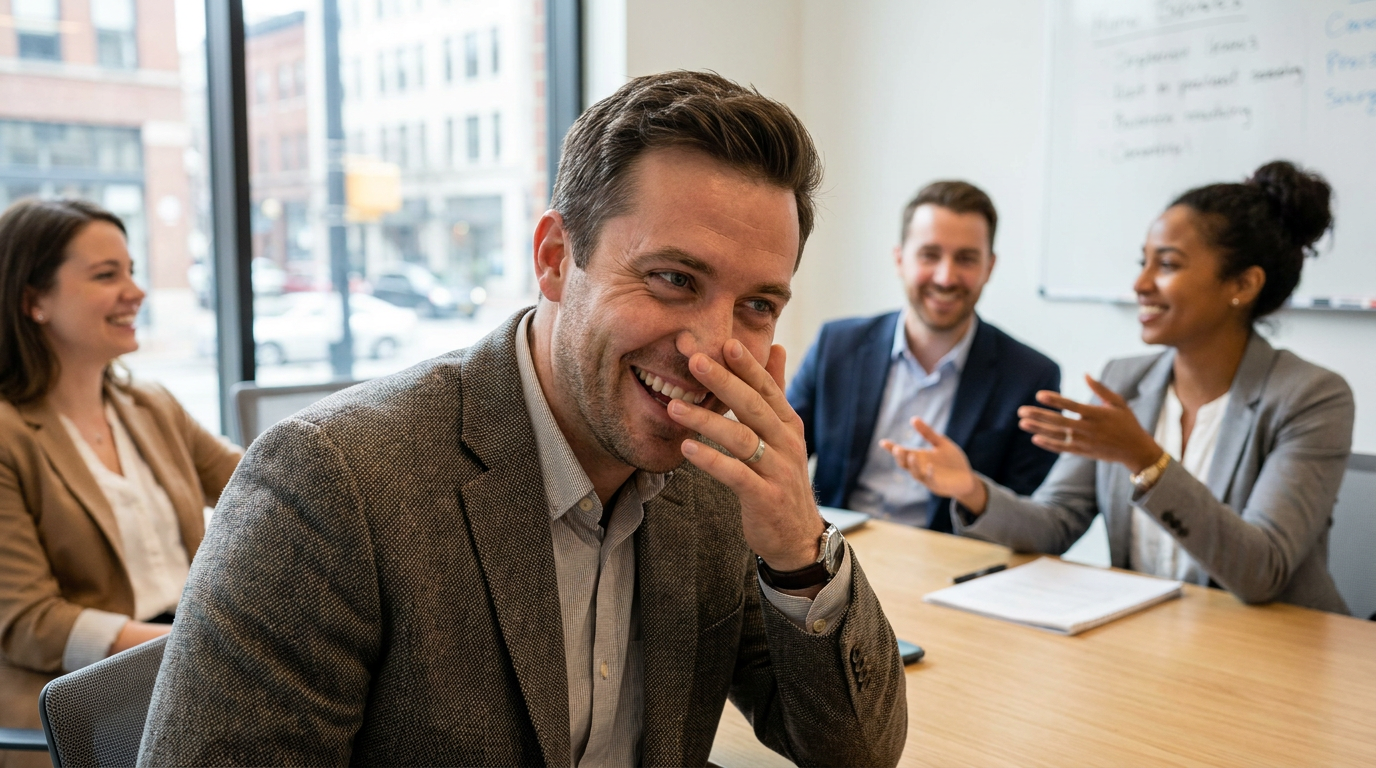 Photorealistic: Cameron, subtly covering his mouth with his hand while laughing during a lively professional meeting, a hint of self-consciousness in his eyes.