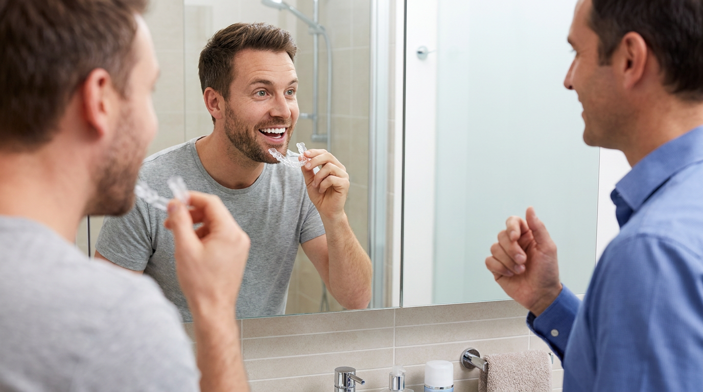 Photorealistic: Cameron, examining his teeth in a bathroom mirror, holding a custom-fitted whitening tray, a look of pleasant surprise on his face as he notices the brightness.