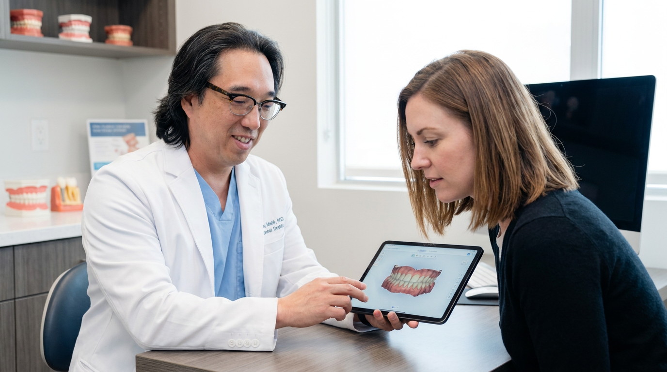 Dr. Taimur Raja, wearing a white lab coat over light blue scrubs, points at a tablet displaying a digital model of teeth to Lily, who is looking intently at the screen.