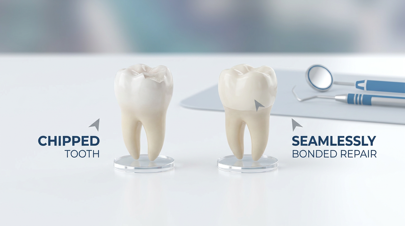 Two teeth models are displayed on a white surface, with a chipped tooth on the left and a repaired tooth on the right, next to dental tools.