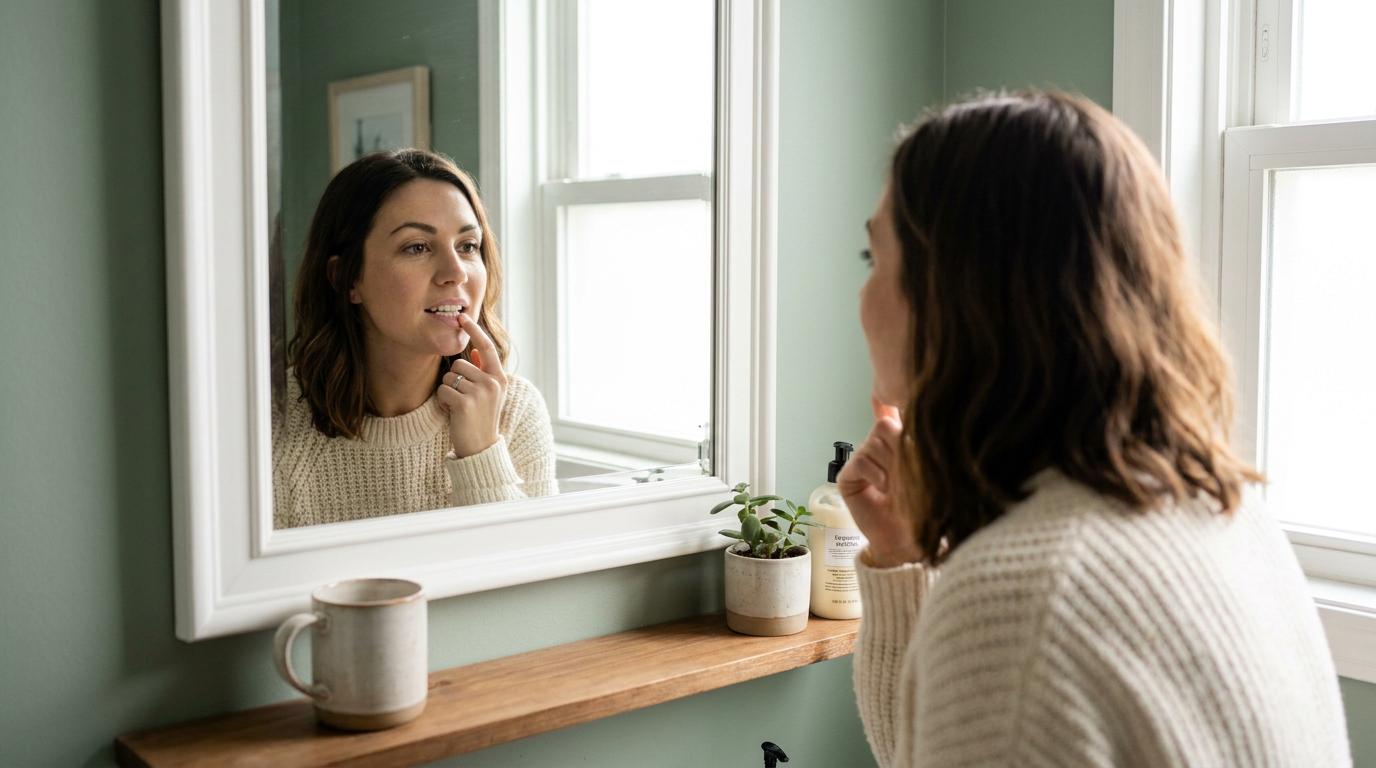 Lily, a woman with brown hair, wearing a cream-colored sweater, stands in a bathroom with light green walls, looking at her reflection in a white-framed mirror and touching her front teeth.